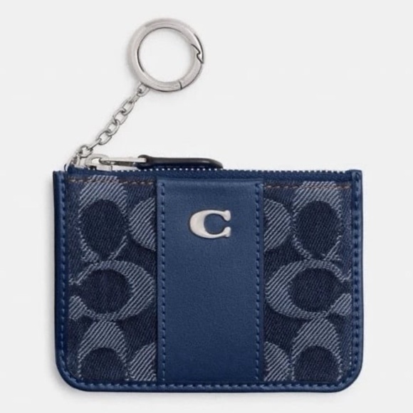 Coach Mini ID Card Case in Signature Denim & Leather Silver/Deep Blue Multi NWT - Picture 1 of 12